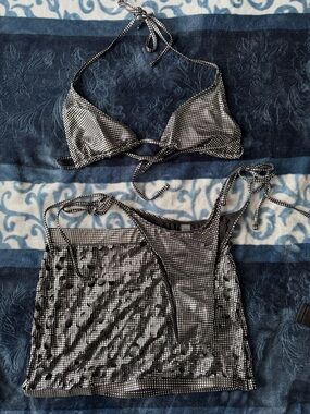 Black and Silver Disco Bikini Set with Mesh Skirt